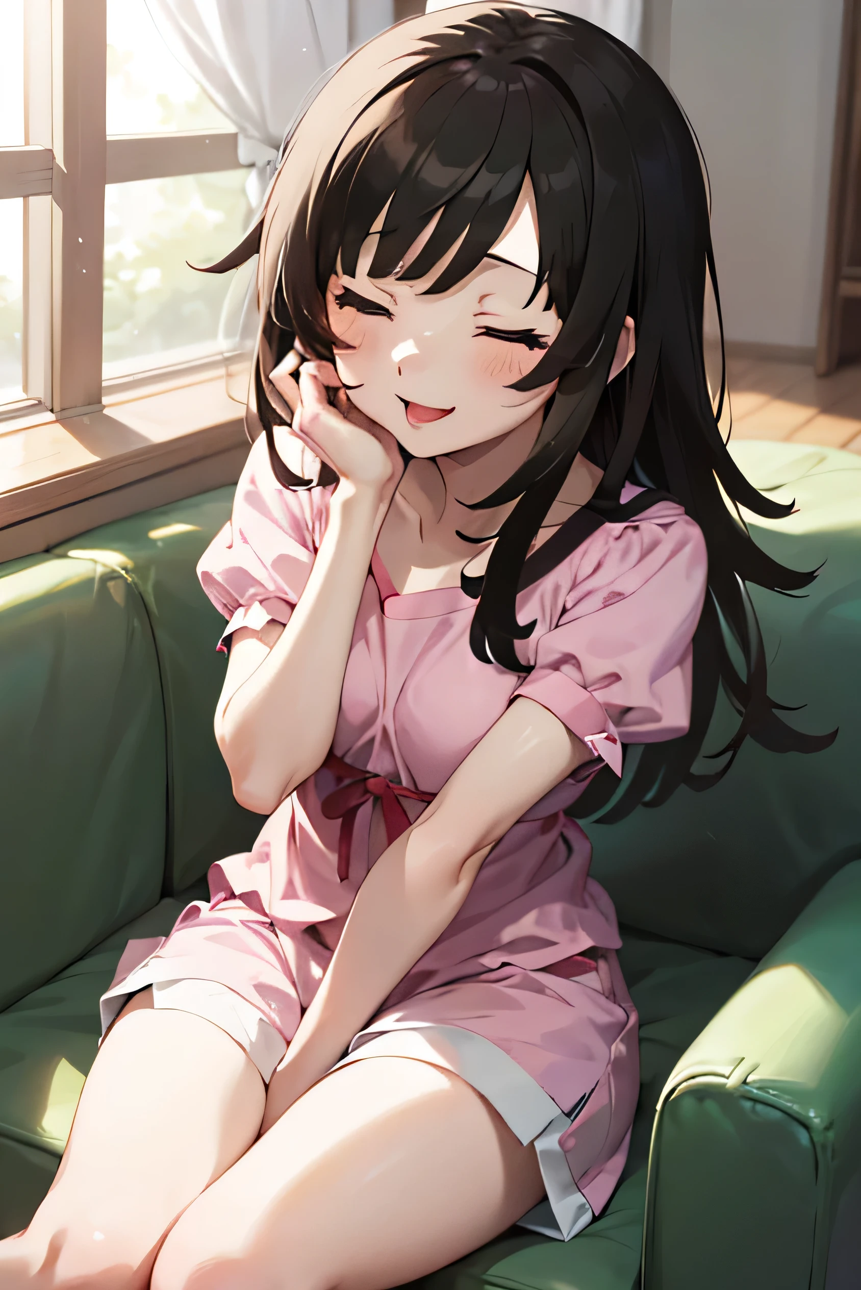 score_9, score_8_up, score_7_up, score_6_up, source_anime, rating_safe, cute, kawaii, 1girl, cute anime girl, kawaii anime girl, mio akiyama, long hair, bangs, black hair, hime cut, cute face, pink shirt, short sleeves, shorts, living room, AhEtoBlehMeme, closed eyes, tongue out, :p, hands on own head, smile