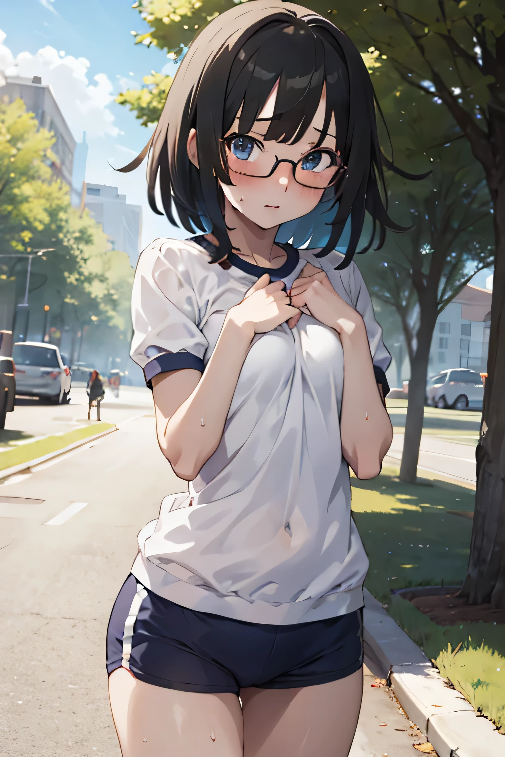 score_9, score_8_up, score_7_up, BREAK source_anime, 1girl, solo, outdoors, park, cowboy shot, standing, looking at viewer, shiny skin, ciel, blue eyes, short hair, blue hair, glasses, white shirt, short sleeves, gym uniform, buruma, sweat, nose blush, black-framed eyewear, double v 