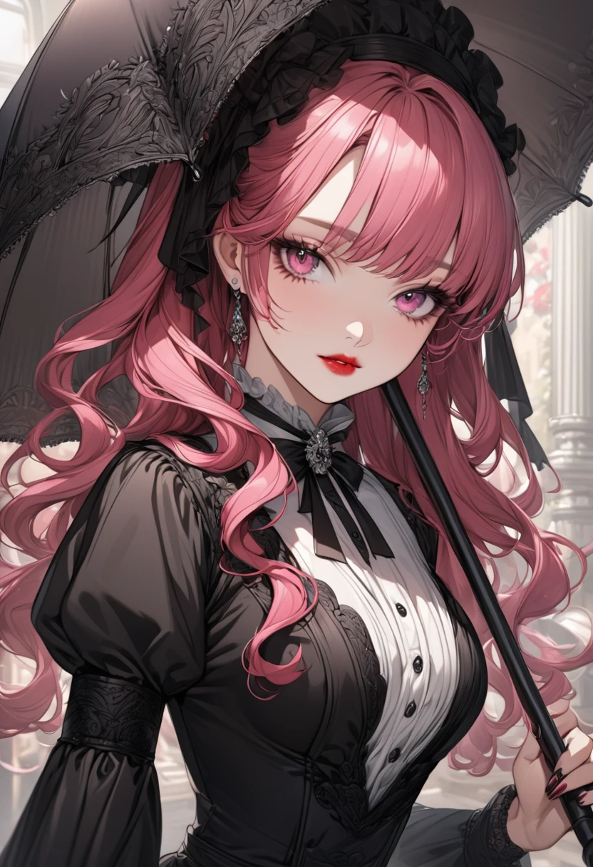 anime girl, hot pink hair, pink eyes, black dress, elegant, beautiful,  holding a black umbrella, victorian era, ultra detailed, slightly red lips 