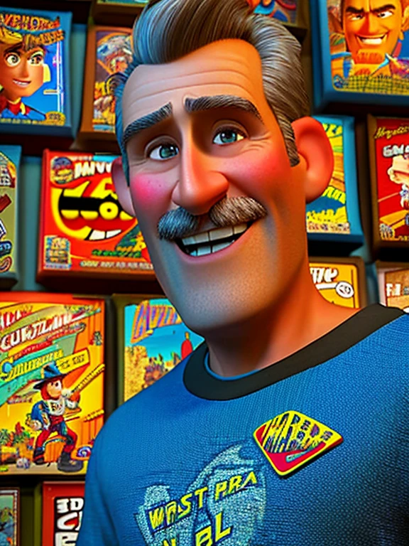 Pixarstyle A waist-high portrait of a middle aged man with comic book pop culture clothes, smile, natural skin texture, 4K textures, HDR, intricate, highly detailed, sharp focus, cinematic look, hyper-detailed