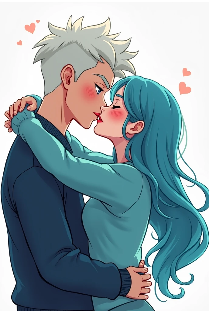 create an image of a pink haired girl with blue eyes, hugging her blond boy, kissing a 2 month old boy with tongue,