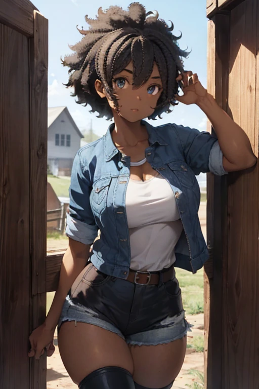 1 female, afro hair, black afro hair black girl afro hair, darker skin, brown skin, huge breast, thick legs, light blue eyes, cowgirl clothes, short short, cowgirl bra, brown jacket, black boots, farm house, stand, sexy pose