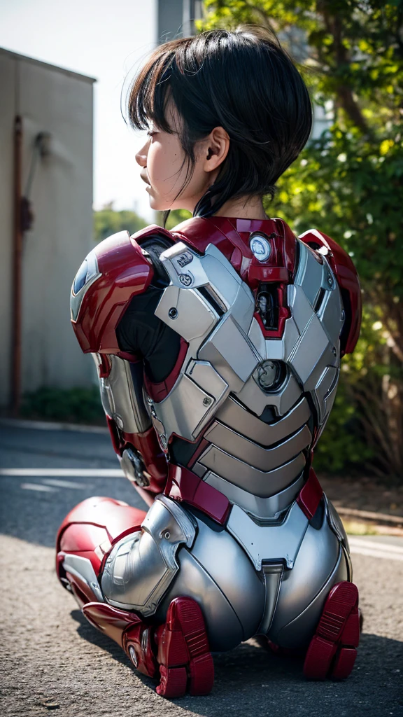 Highest quality　8k Iron Man suit girl　Elementary school girl　Sweaty face　cute　short hair　boyish　Steam coming out of my head　My hair is wet with sweat　Black Hair　From below,Butt ),(bare hands),Crying face,((From behind:1.2)),((Butt)),((On all fours:1.2)),(Buttを高く上げましょう:1.2)、Buttを広げる