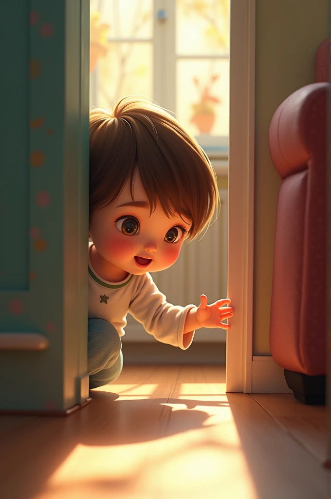There was a little boy standing in a room，There is a ruler hanging on the wall, about to enter doorframe, leaning on door, ???, 2 years old, Shot on Canon EOS R 6, Mischievous!!, toddlers, taken with sony alpha 9, kiddy big breasts, Happy kids, mischievous expression, opening door, evan lee, Handsome，Little boy，Adonis