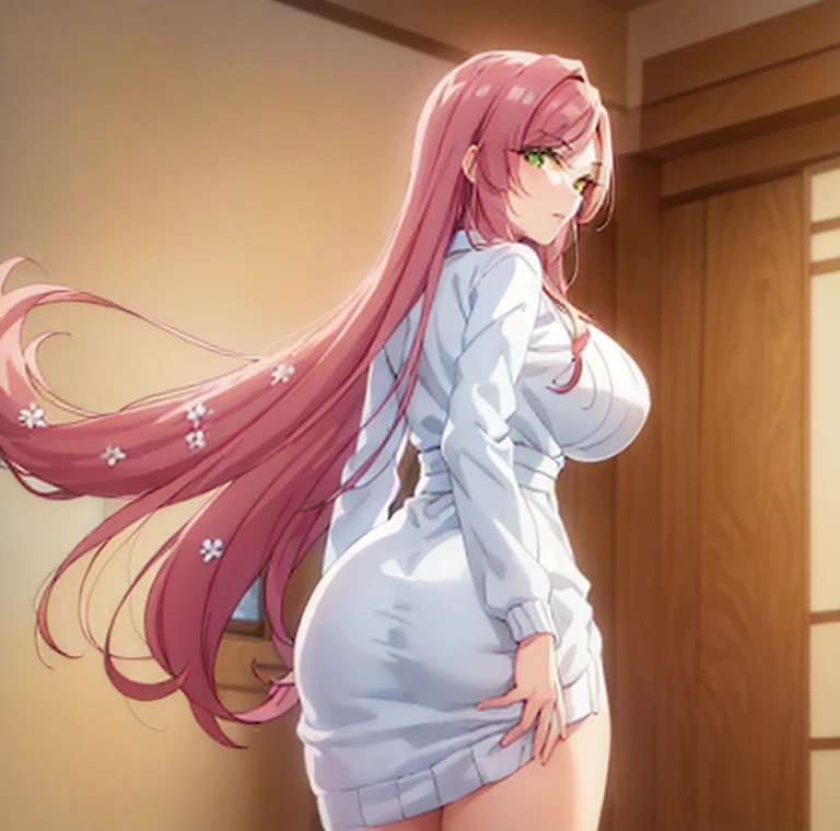 ((1 woman)),((alone)), Hahari Hanazono,(masterpiece), (Best Quality), (ultra detailed), (best illustration), (best shadow), (absurdities), sharp focus, cowboy shot ,atmospheric perspective, depth of field, dynamic posture looking at the viewer, big breasts, narrow waist, Wide hips, wide thighs, round butt, Erotic, romantic, (very detailed eyes, lips 1.1), very detailed eyes, eyes, Very detailed face, very beautiful face, symmetrical face, aesthetic face, perfect face, Perfect eyes, detailed tabs: 1.5), full height, Beautiful slim figure, femininity, expressive appearance, big breasts elásticos, sexuality,(green eyes: 1.2), pink fur, flower, hair flower, ribbed sweater, (white sweater dress: 1.5), bare arms, green eyes, bare legs ,curves, defined body,Perfect and beautiful body, perfect and beautiful, Closed mouth, seductive grimace, blush, (pose sexy: 1.2), ((Alone)), standing: 1.3,((Japanese style house, Mansion, interior, light reflection, bedroom, room, bed, window, urban landscape, city Lights, evening)), looking back, from behind, ((focus on the ass)), point of view :(from below), perfect anatomy, perfect hands