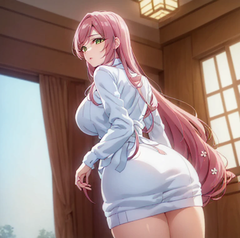 ((1 woman)),((alone)), Hahari Hanazono,(masterpiece), (Best Quality), (ultra detailed), (best illustration), (best shadow), (absurdities), sharp focus, cowboy shot ,atmospheric perspective, depth of field, dynamic posture looking at the viewer, big breasts, narrow waist, Wide hips, wide thighs, round butt, Erotic, romantic, (very detailed eyes, lips 1.1), very detailed eyes, eyes, Very detailed face, very beautiful face, symmetrical face, aesthetic face, perfect face, Perfect eyes, detailed tabs: 1.5), full height, Beautiful slim figure, femininity, expressive appearance, big breasts elásticos, sexuality,(green eyes: 1.2), pink fur, flower, hair flower, ribbed sweater, (white sweater dress: 1.5), bare arms, green eyes, bare legs ,curves, defined body,Perfect and beautiful body, perfect and beautiful, Closed mouth, seductive grimace, blush, (pose sexy: 1.2), ((Alone)), standing: 1.3,((Japanese style house, Mansion, interior, light reflection, bedroom, room, bed, window, urban landscape, city Lights, evening)), looking back, from behind, ((focus on the ass)), point of view :(from below), perfect anatomy, perfect hands