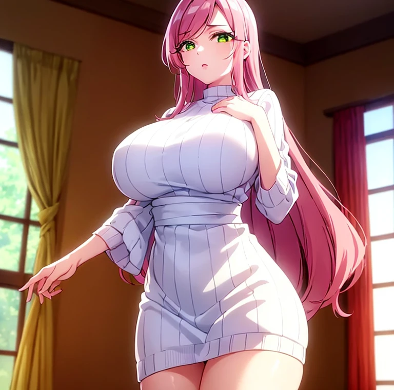 ((1 woman)),((alone)), Hahari Hanazono,(masterpiece), (Best Quality), (ultra detailed), (best illustration), (best shadow), (absurdities), sharp focus, cowboy shot ,atmospheric perspective, depth of field, dynamic posture looking at the viewer, big breasts, narrow waist, Wide hips, wide thighs, round butt, Erotic, romantic, (very detailed eyes, lips 1.1), very detailed eyes, eyes, Very detailed face, very beautiful face, symmetrical face, aesthetic face, perfect face, Perfect eyes, detailed tabs: 1.5), full height, Beautiful slim figure, femininity, expressive appearance, big breasts elásticos, sexuality,(green eyes: 1.2), pink fur, flower, hair flower, ribbed sweater, (white sweater dress: 1.5), bare arms, green eyes, bare legs ,curves, defined body,Perfect and beautiful body, perfect and beautiful, Closed mouth, seductive grimace, blush, (pose sexy: 1.2), ((Alone)), standing: 1.3,((Japanese style house, Mansion, interior, light reflection, bedroom, room, bed, window, urban landscape, city Lights, evening)), Thinking in the future, ((Focus on breasts)), point of view: (from the middle), perfect anatomy, perfect hands