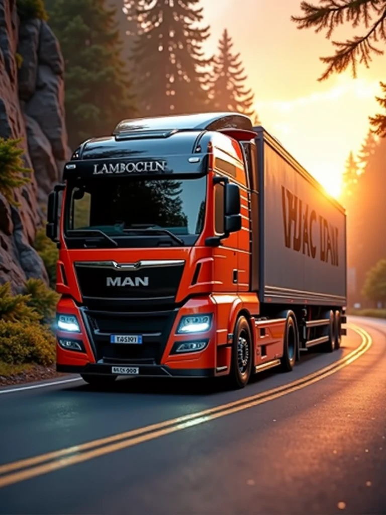 (high quality image, High Definition, 16k, realistic photo) SIDE VIEW OF A MERCEDES BENZ ACTROSS TYPE TRACTOR TRUCK, with the characteristics of a lamborghini, aggressive, powerful. The truck is RED AND BLACK, big grill, with the acronym "JAC" on the grill, ON THE ROAD, sunlight reflecting on the bodywork. wet floor, Water