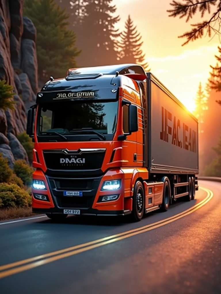 (high quality image, High Definition, 16k, realistic photo) SIDE VIEW OF A MERCEDES BENZ ACTROSS TYPE TRACTOR TRUCK, with the characteristics of a lamborghini, aggressive, powerful. The truck is RED AND BLACK, big grill, with the acronym "JAC" on the grill, ON THE ROAD, sunlight reflecting on the bodywork. wet floor, Water