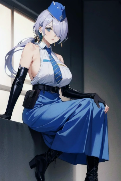 nikkebrid, large breasts, low ponytail, hair over one eye, earrings , garrison cap, sleeveless shirt, long skirt, blue necktie, belt pouch, elbow gloves, high heel boots