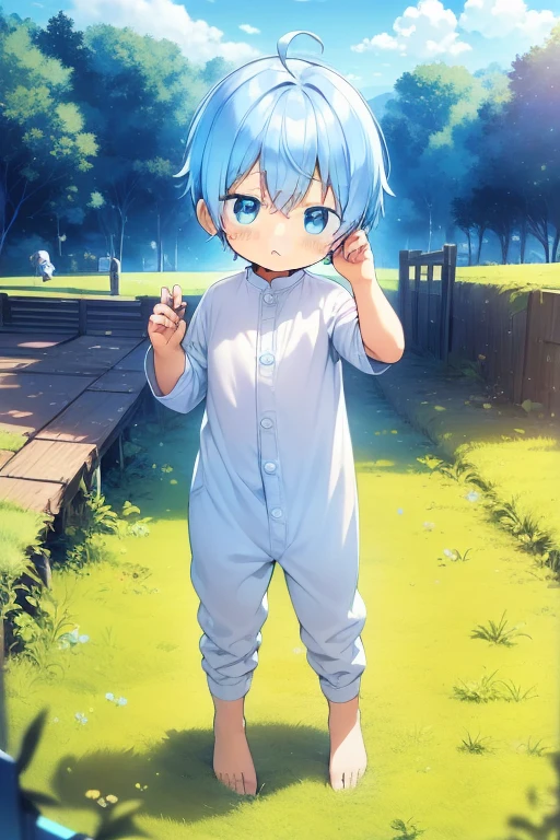 4k, (masterpiece:1),  with bright blue hair, bright cyan eyes and bare feet, standing in the field, epic, cinematographic, young, Chico, , littlld littl, focus on pies, pies, blush, (young:1.4), (child:1.4), (Shota:1.4), (male:1.4), (Chico:1.4), (divine clothing:1.4), (epic:1.4), (Posing:1.4), (cinematographic:1.4),