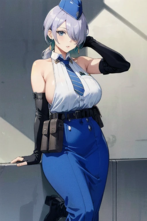 nikkebrid, large breasts, low ponytail, hair over one eye, earrings , garrison cap, sleeveless shirt, long skirt, blue necktie, belt pouch, elbow gloves, high heel boots