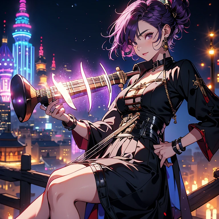 a beautiful dark haired goddess covered in black tattoos, laying in dark red silk, flying through the lilac universe, none light headphones on, with closed eyes, smocking a pipe, smock flying through the air, you see her from the side