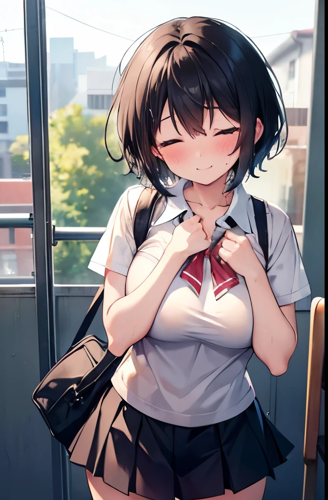 1 girl, solo, White Polo Shirt,  White mini skirt, masterpiece, best quality, Super detailed, (Sweating:1.4), absurd, looking at the audience, short black hair, brown eyes,(Thick thighs:1.0),Sky,Tree,Awa Onsen,bath,bikini,rain,white，Charming smile，Underboob exposed，Flower headdress，Waving，love letter，Blushed，Squat down，Fold your hands on your knees，Lower chest exposed，Lower chest exposed，Lower chest exposed