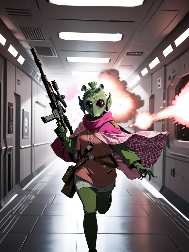 rodian alien woman in Western poncho with sniper rifle,cinematic angle,running through space station corridor,explosions in the back, masterpiece, best quality, soft light, bokeh, real shadow, cinematic, subsurface scuttering(Pink scales, brown patterned poncho)