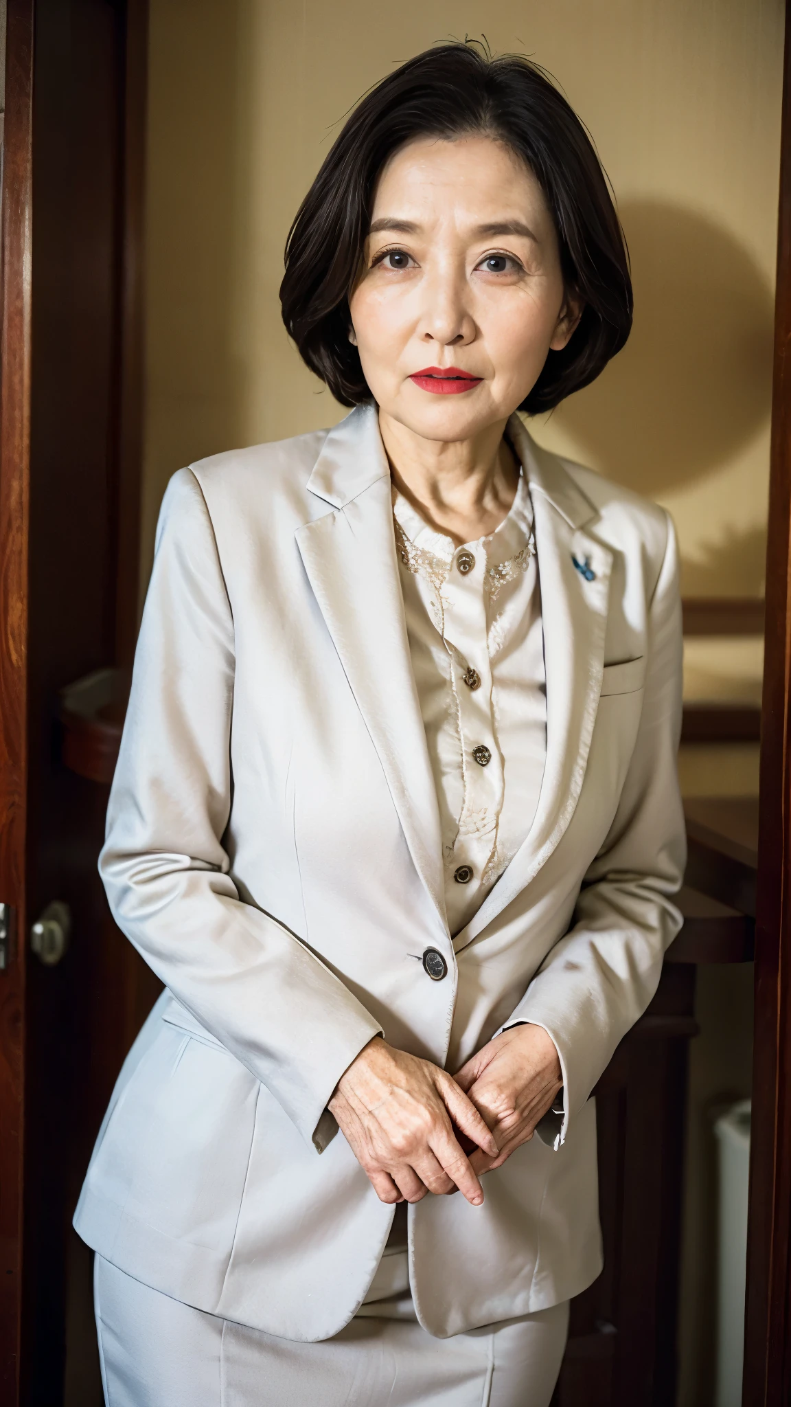 masterpiece, ((Great Focus)), 32K, Beautiful finish, Medium Shot, Beautiful mature woman, 65-year-old woman, Photo of your ID, Business Person, director, View from the front, A disdainful look, Cool look, Red lips, Thin lips, suit, Light from the front,