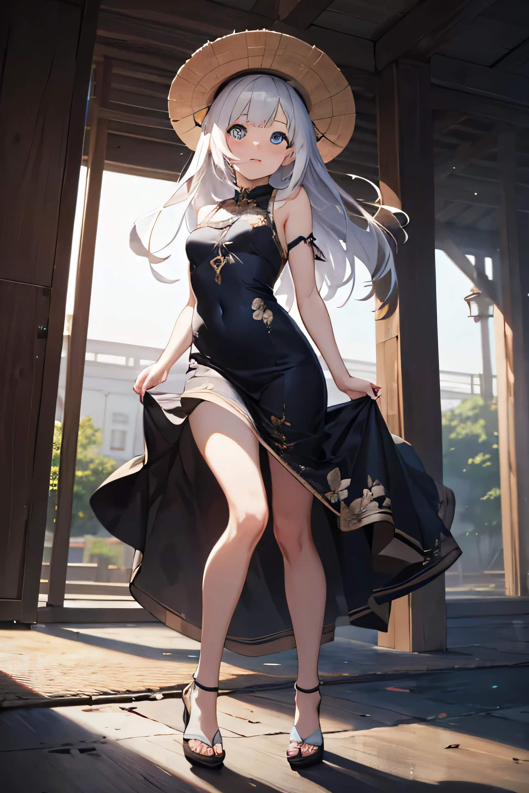 safe_pos, score_9, score_8_up, score_7_up, source_anime, Expressiveh, eyesHD, high gradient eyes, detailed eyes, high definition eyes, 1girl, older, mature, sexy, seductive, adult, small breast, petite, white hair, long hair, tied hair, light blue eyes, vietnamese dress, eastern atmosphere, outside, standing, straw hat, wind blowing, morning, full body image, detailed dress, flower design on dress