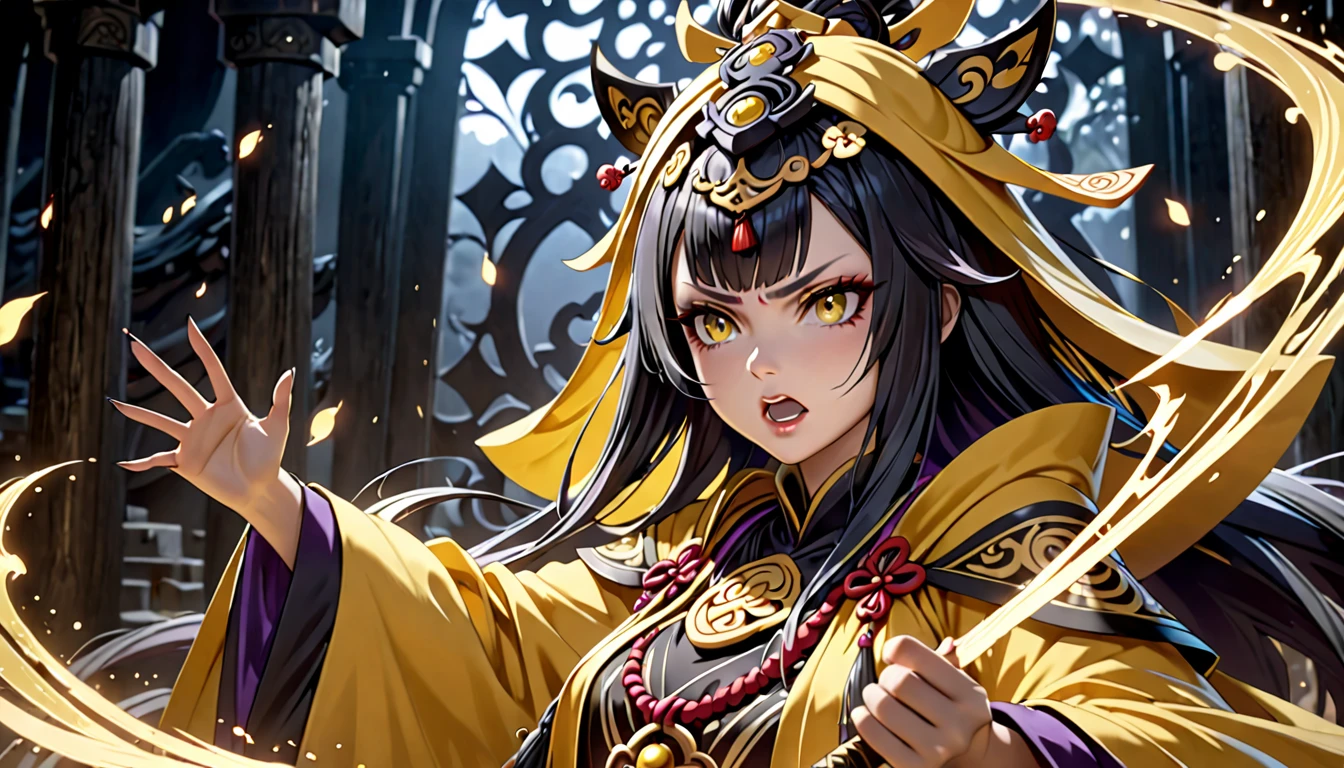 a mystical yellow-robed female onmyoji, intricate black talismans, casting spells, angry expression, detailed facial features, beautiful eyes and lips, delicate hands, flowing robes, dramatic lighting, dark fantasy atmosphere, cinematic composition, ultra-detailed, 8k, photorealistic