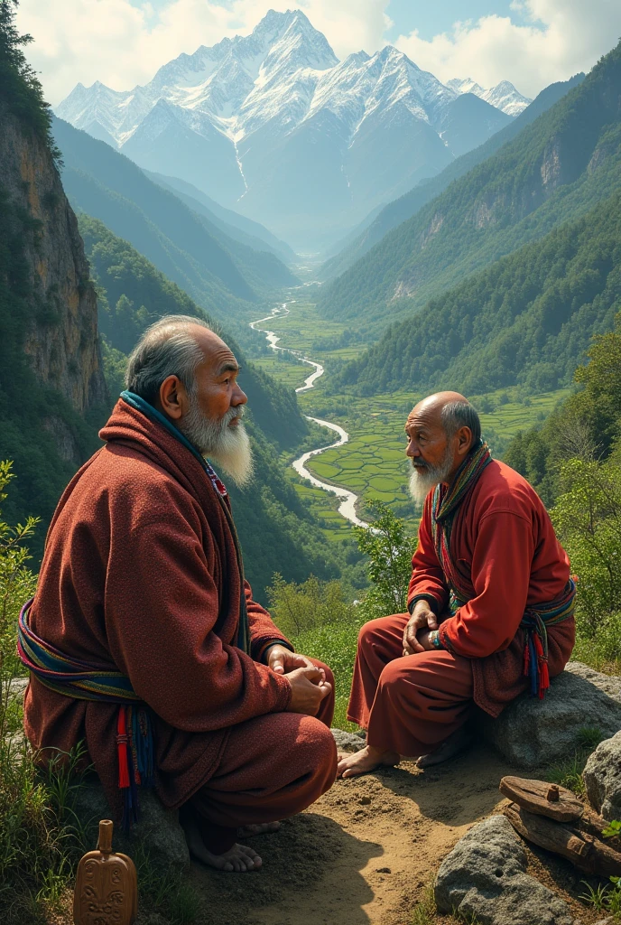 (Professional 3D Rendering:1.3) by (Realistic:1.3) World's Most Beautiful Art Picture，Two Men Talking with a Feeling of Peace, Confidence and Joy, master piece, top quality, 8k wallpaper, ultra-high resolution, ultra-realistic scenery, ultra detailed, perfect facial feature. In the center, two seated men are talking. young male Disciple, (30 years old, Realistic face, black hair, well-detailed face, eyes, mouth and nose, handsome), He talks with an Old Wise monk, 80 years old, smiling, white hair and long white beard, The Old Man sitting it emanates harmony and serenity, peaceful face.
  ((fantastic location, background, stunning scenery. The two men overlook the mountain landscape from the summit, (extreme long shot), ultra-wide angle, aerial shot, blue sky: mountains, nature, forest , clear sky, analog style (warm hue, warm tone), cinematic light, side lighting, ultra high resolution, best shadow, RAW, kodak vision 3, (mountain river), (green forest), waterfall. surreal touch. A color palette follows the sunset, with soft shades of green, blue, orange and gold. ultra high resolution, realistic photography, surrealism, dreamlike, FusionArt, best quality, ultrarealistic, 8K, extremely detailed, facial feature and perfect textures . The scene conveys peace, confidence and joy, capturing the essence of the conversation. masterpiece, a fusion of technique and emotion,(detailed), best quality in all aspects. calm atmosphere, high quality, highly detailed CG 8k wallpaper unity, oil painting, award winning photography, depth of field, HDR, bloom, photorealistic, highly detailed, trending in artstation, trending in CGsociety, volumetric lighting.)), unity render, action shooting, lighting clear, Detailed face, (vibrant, photorealistic, realistic, dramatic, sharp focus, 8k), (intricate:1.4), (highly detailed:1.4), digital painting, octane rendering, Seasons Art, Concept-Art, smooth , sharp focus, illustration, art germ, (Loish:0.23), Wlop Ilya Kuvshinov, and Greg Rutkowski and Alphon