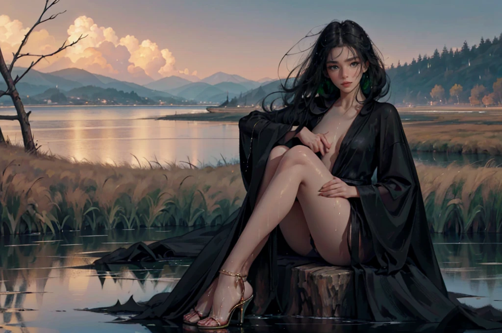 ((aeolian)), 1 girl, beautiful face, Princess, water magic, ((naked)), full body view, very long loose black hair, no underwear, slim body, long legs, shiny skin, river landscape, bare feet