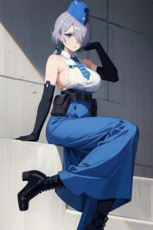 nikkebrid, large breasts, low ponytail, hair over one eye, earrings , garrison cap, sleeveless shirt, long skirt, blue necktie, belt pouch, elbow gloves, high heel boots