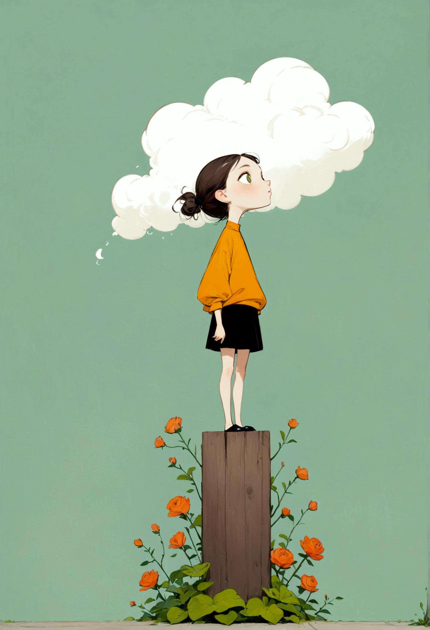 Ewa Poklewska-Koziełło in style of Mike Azevedo，Cartoon graffiti ， standing on a wooden stake looking into the distance，White Cloud，Fear of heights，whole body, Solid color background