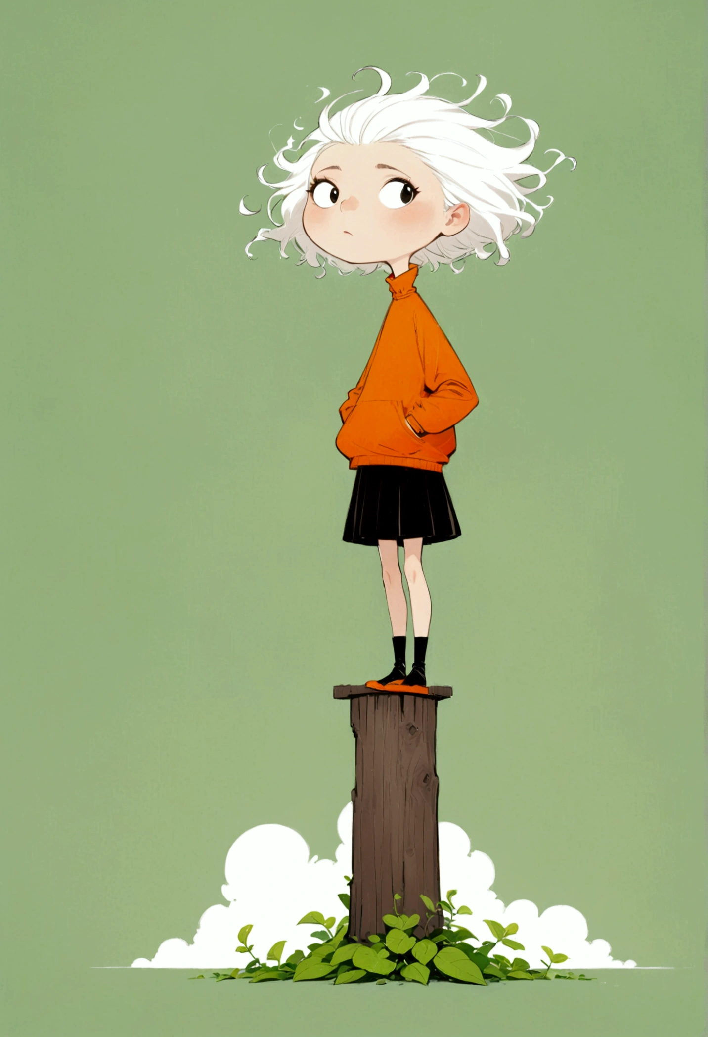 Ewa Poklewska-Koziełło in style of Mike Azevedo，Cartoon graffiti ， standing on a wooden stake looking into the distance，White Cloud，Fear of heights，whole body, Solid color background