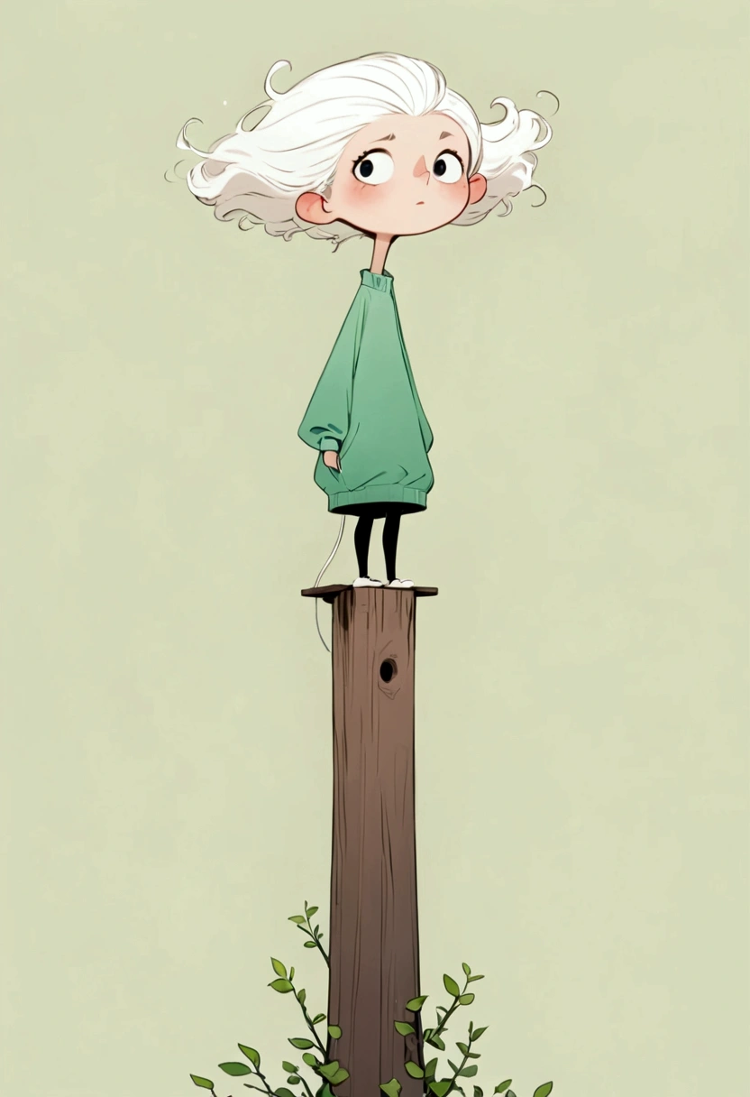 Ewa Poklewska-Koziełło in style of Mike Azevedo，Cartoon graffiti ， standing on a wooden stake looking into the distance，White Cloud，Fear of heights，whole body, Solid color background