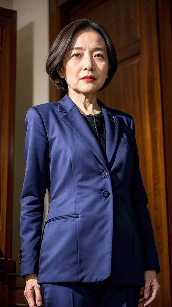 masterpiece, ((Great Focus)), 32K, Beautiful finish, Beautiful mature woman, 120-year-old woman、Resume photo、View from the front, Short Bob, Red lips, Thin lips, suit、round 1, Light from the front,