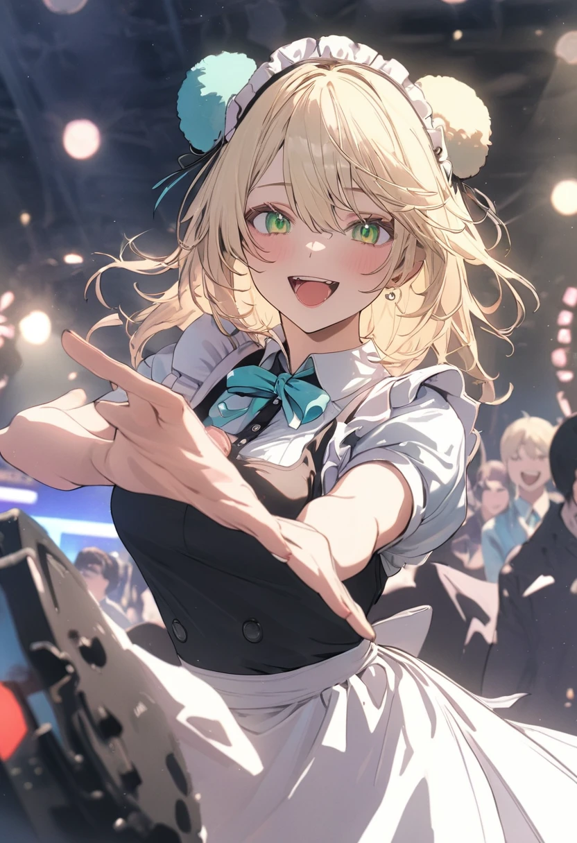 aashigure,live,Sing a song,microphone,Spread your arms,short blonde hair,green eyes,fun,Penlight,Penlight in the background,1girl, hololive, pastel colors, maid,happy,Retirement,bright,Light Masterpiece, best quality, newest, very aesthetic, absurdres, absolutely resolution, ultra detailed, 8k, super fine illustration, highly detailed beautiful face and eyes, perfect anatomy, professional lighting, hair pompom