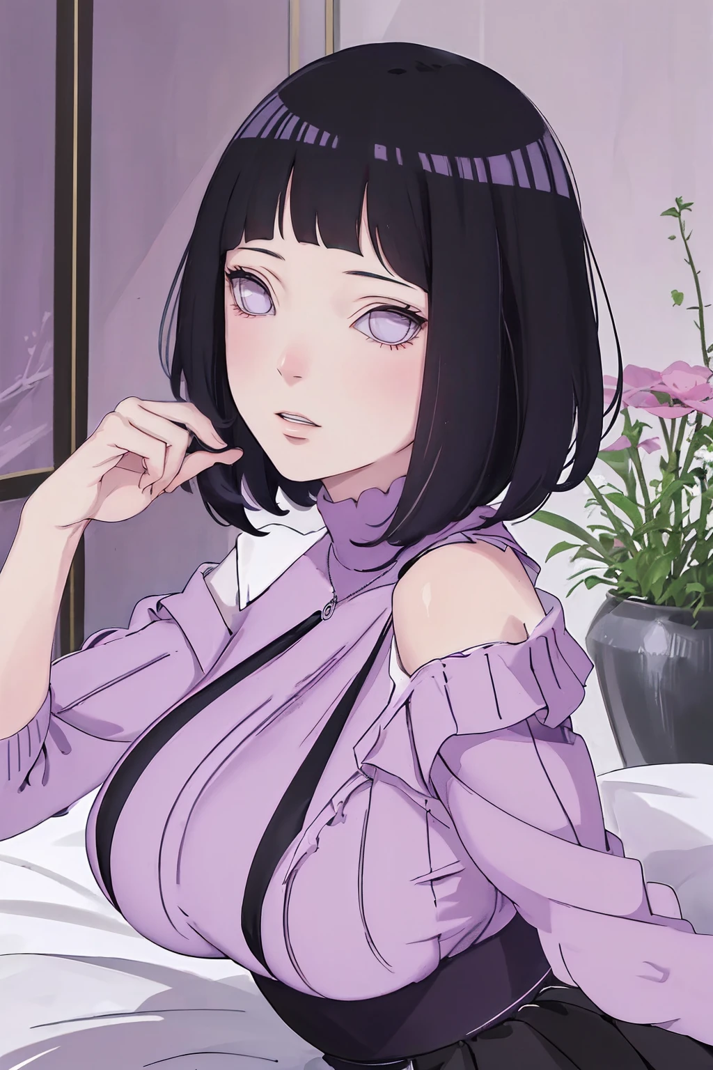 (Masterpiece - Ultra-detailed, very high resolution) (huge titusty, masterpiece, absurdres, hinata\(boruto\), 1girl, solo,mature female, off-shoulder bra, high waist black short skirt, looking at viewelling petals), perfect composition, detailed lips, big breast, beautiful face, body propotion, blush, (pink lips), short hair, (black hair), purple eyes, soft gaze, super realistic, detailed, photoshoot, realistic face and body, closed mouth, sitting on the bed , lilac eyes, upper body, lace clothes, backwards, looking back, with chin resting on shoulder, perfect fingers