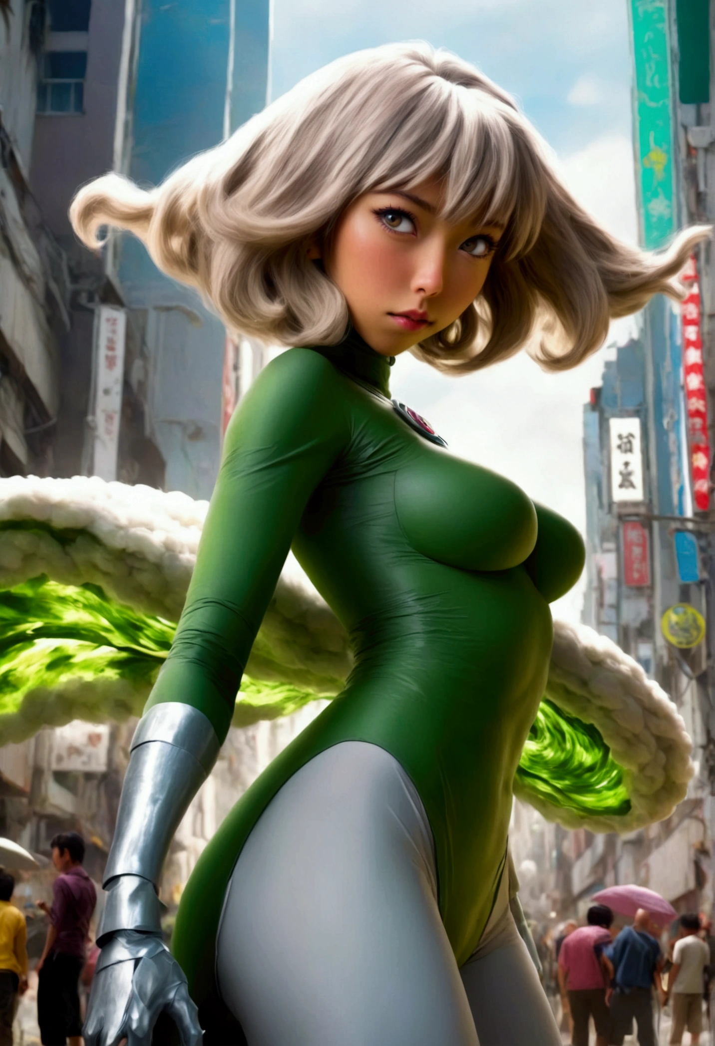 1girl, alone, Tatsumaki One Punch Man floating over a city, Anime girl, short hair, green hair, green eyes, Tatsumaki black outfit, Tatsumaki (One Punch Man) Clothing style, Black clothing, Black dress, long sleeve, pelvic curtain, Detailed clothes, masterpiece, symmetrical, serious face, very small breasts, small breasts, medium thigh medium waist, wide hips, 1 girl, bright green eyes, City Background, Sky Background, View from above, Bokeh, 4K Masterpiece, HDR , Anime art style, One Punch Man art style, sharp colors, vivid colors, green particles, iom