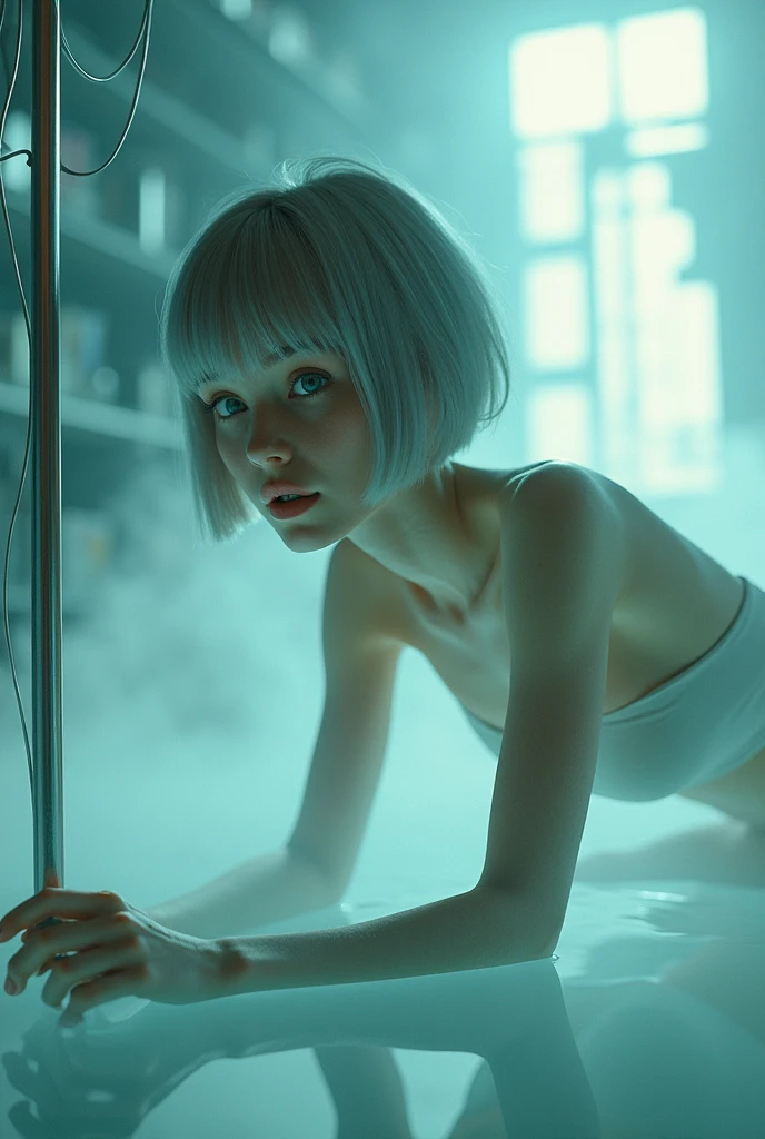 nude, closed eyes, portrait, cute girl (floating inside cryogenic chamber), (underwater:1.3), (frost:1.2), (red:1.2) (lcd:1.4), [blue], wire, (dimly lit), (rim dual tone) neon lighting, (bloom, reflective, hdr, masterpiece, realistic detailed raytracing octane render:1.2)