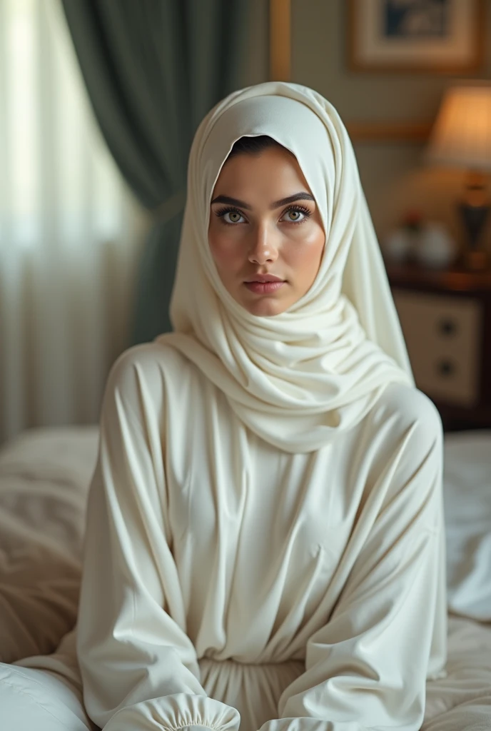 A dusky color girl in hijab in white dress in his home