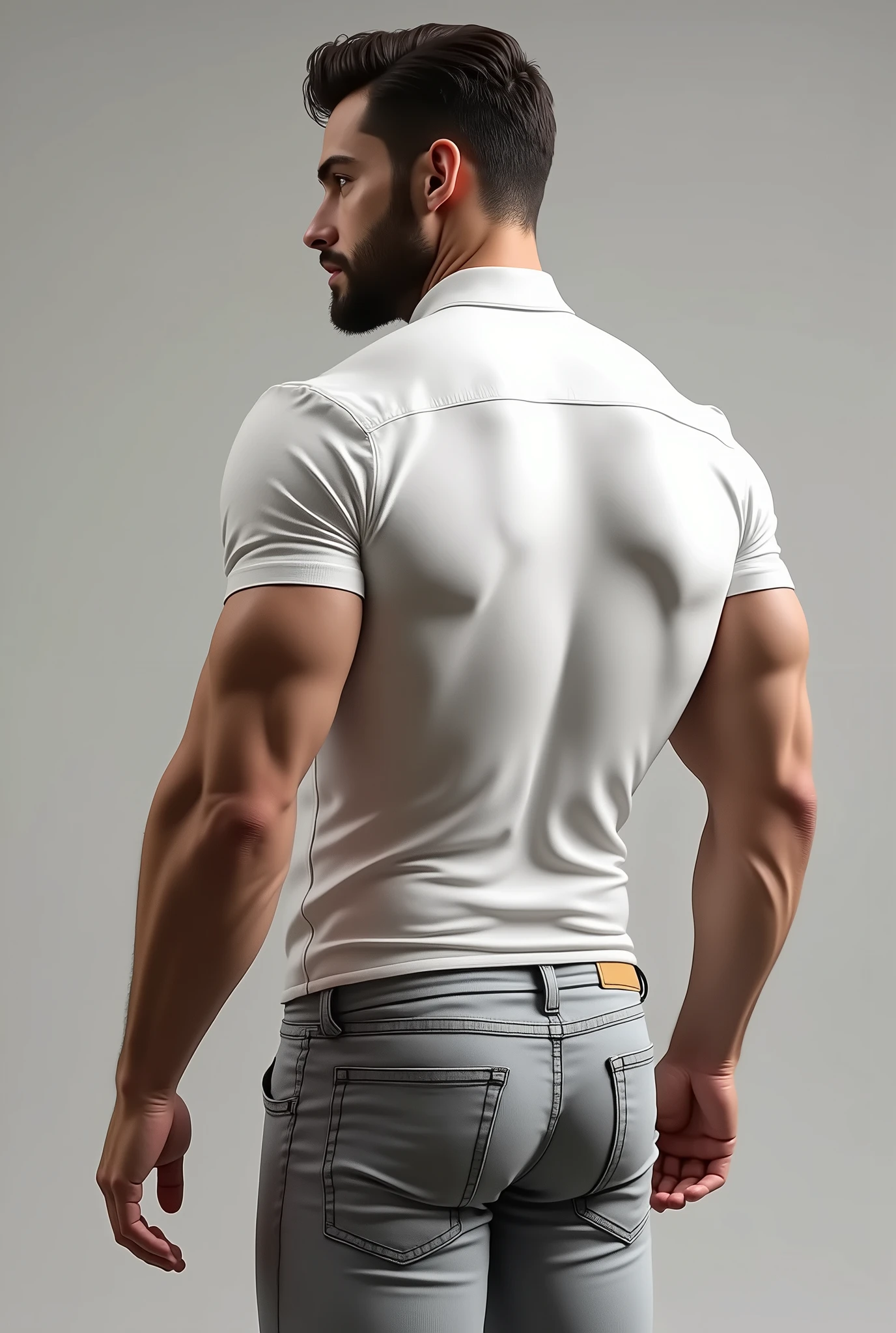 slim 21 year old attractive male man, brown hair, brown eyes. body shape shown through clothes. (muscly thighs, thin waist, buff arms, buff legs). ((t-shirt, no underwear). black empty background, spotlight. (((from side angle))) empty hands. standing. ((Exposed penis))