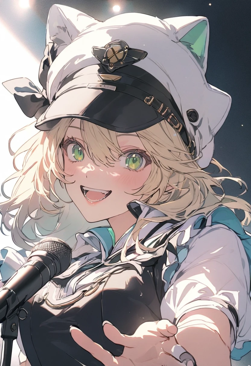 aashigure,live,Sing a song,microphone,Spread your arms,blonde hair,green eyes,fun,Penlight,Penlight in the background,1girl, hololive, pastel colors, maid,happy,Retirement,bright,Light Masterpiece, best quality, newest, very aesthetic, absurdres, absolutely resolution, ultra detailed, 8k, super fine illustration, highly detailed beautiful face and eyes, perfect anatomy, professional lighting, sailor hat