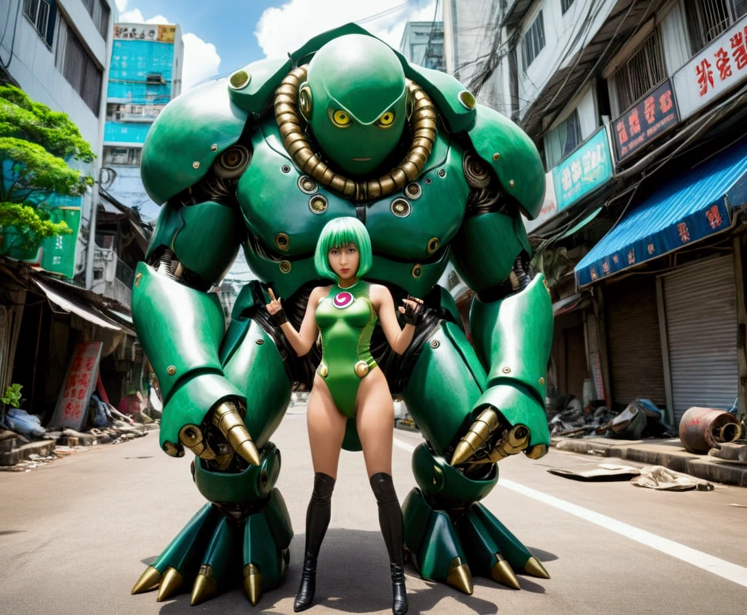 lovely woman in role as Green Lantern, defending the city from Alien Robot Ape Monsters