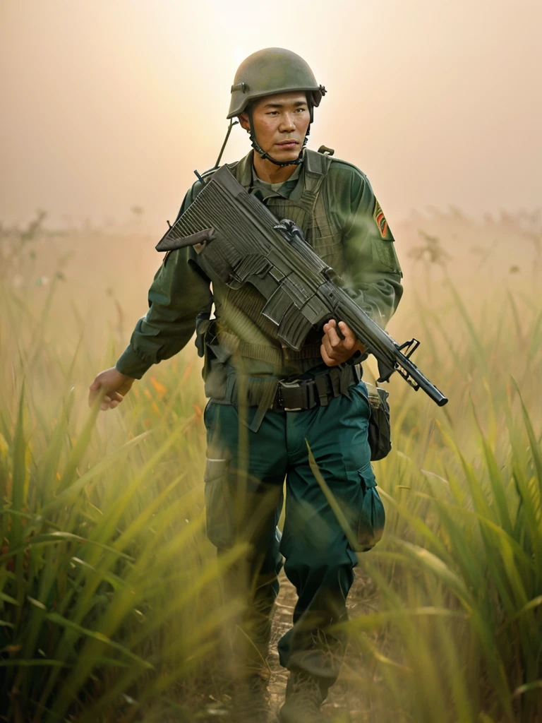 Create a color photograph of an American soldier from the Vietnam War, as if taken with a vintage Nikon F camera. The soldier should be in full uniform, including a M1 helmet with a camouflage cover, a green fatigues jacket, and combat boots. He should be posed in a dense jungle or a rice paddy field, with elements like foliage, military gear, and a backdrop of the Vietnam landscape. Focus on authentic details such as the soldier’s M16 rifle and personal equipment. Emphasize the Nikon F’s vibrant color reproduction and sharp detail to capture the era’s historical authenticity and the intense, immersive environment of the Vietnam War.