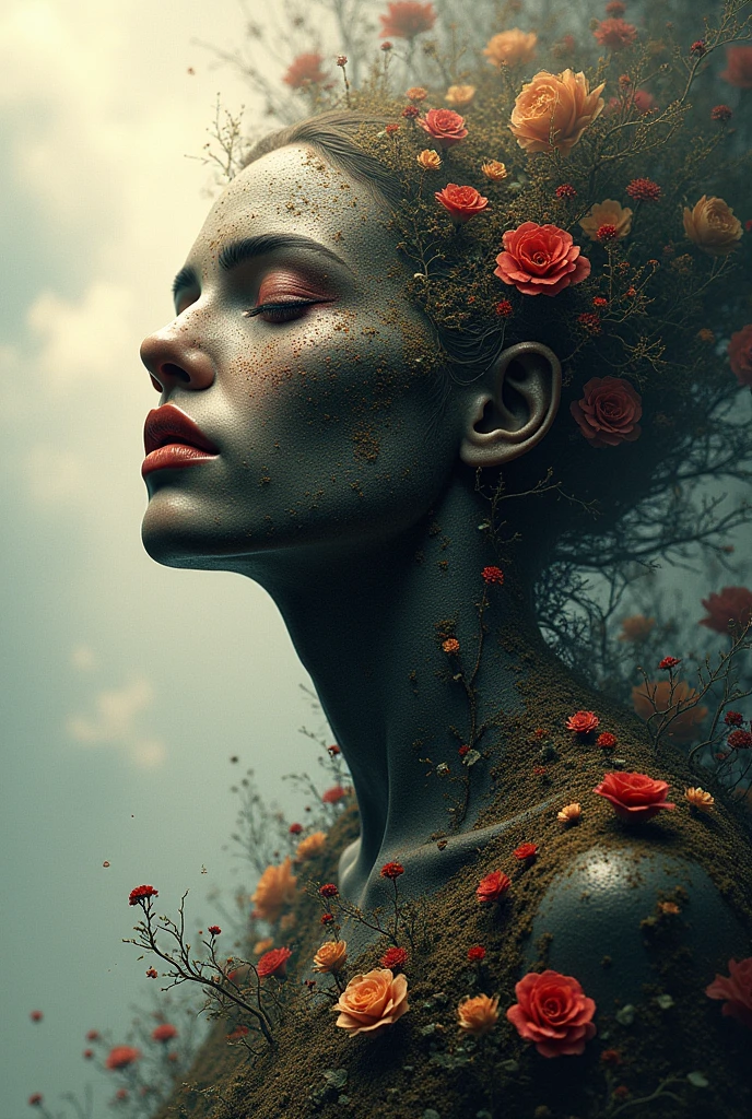 A screaming android woman with flowers coming out of her throat. Illustration with sober colors