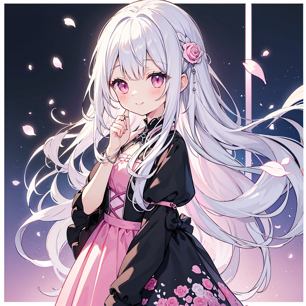 Transparent watercolor、、Beautiful layout and motif、Depth of written border、smile、1 person、Silver Hair((Medium Hair、Straight Hair))、White bristles、Fashionable design clothes、Background white、Rose petals、cute、black and pink goth、