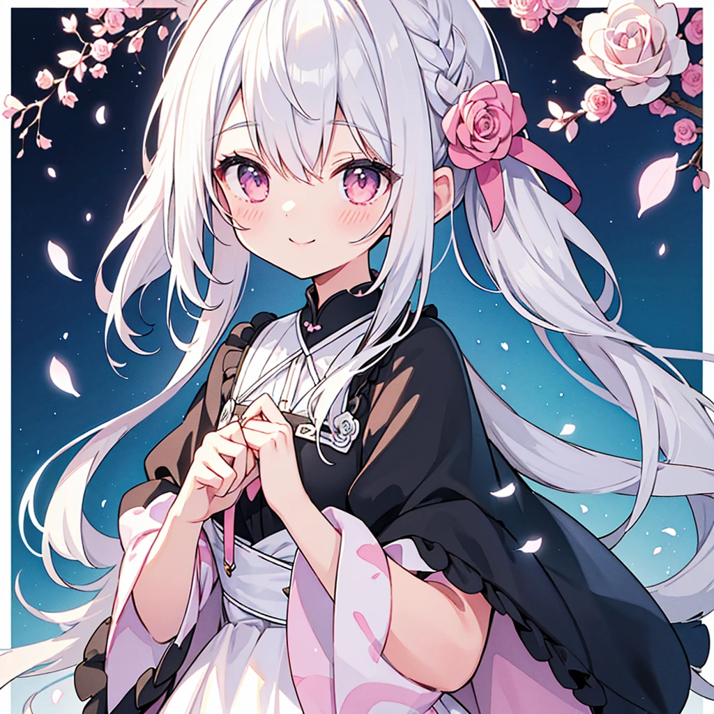 Transparent watercolor、、Beautiful layout and motif、Depth of written border、smile、1 person、Silver Hair((Medium Hair、Straight Hair))、White bristles、Fashionable design clothes、Background white、Rose petals、cute、black and pink goth、