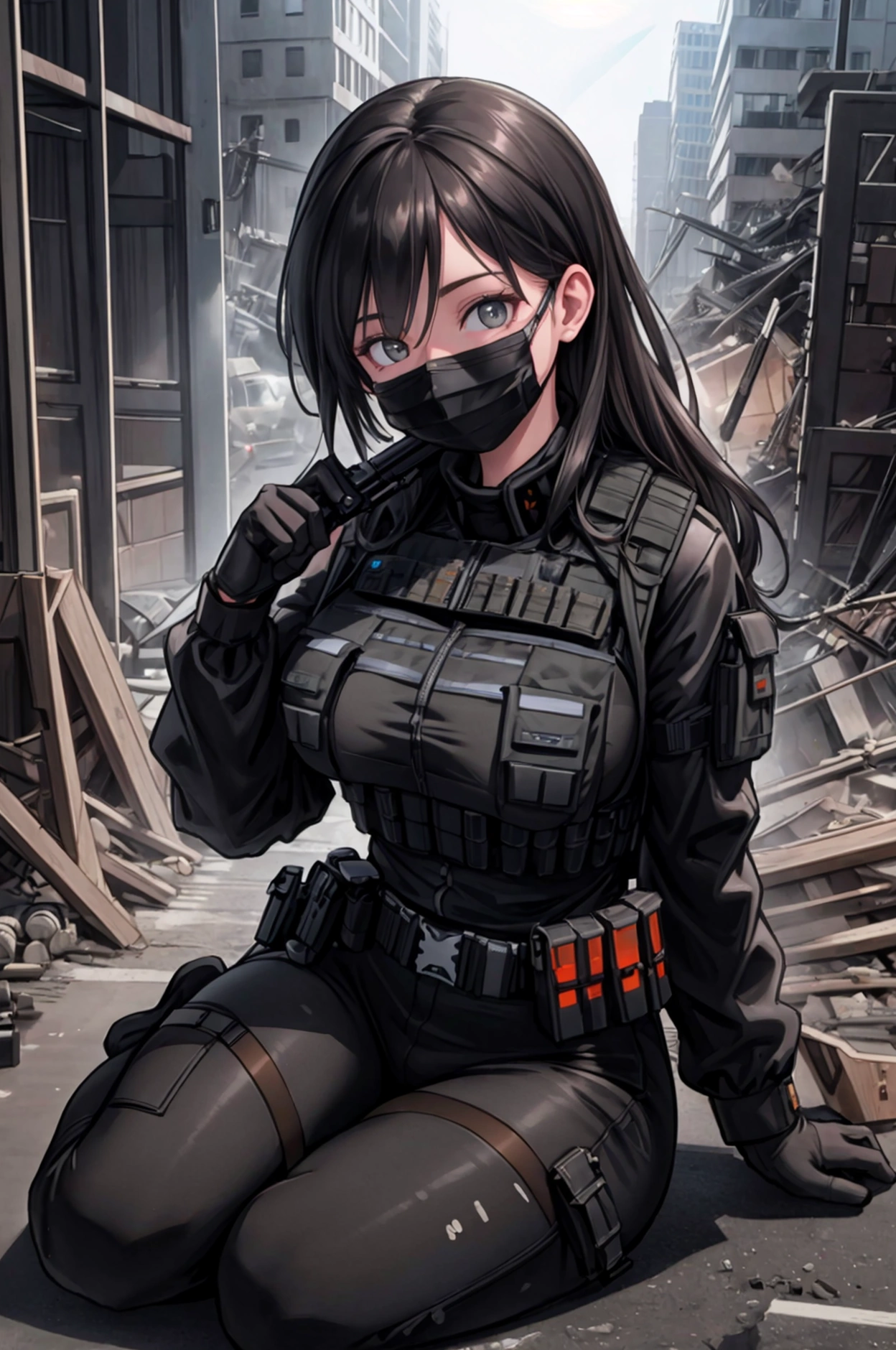 (Best Quality,8k,ultra detailed,realist,photorealist:1.2), beautiful girl,black mask,sitting,big breasts,orange bulletproof vest,holding a rifle,rubble city, at night.