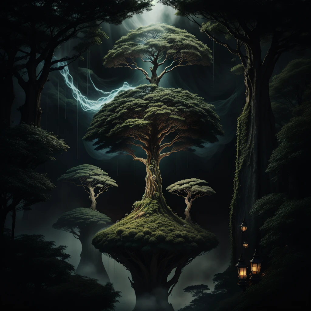 光るホタルとせせらぎのあるMagic森, Towering Tree々Surrounded by、Shrouded in fog, Magic, Mysterious, dream-like, Stylized