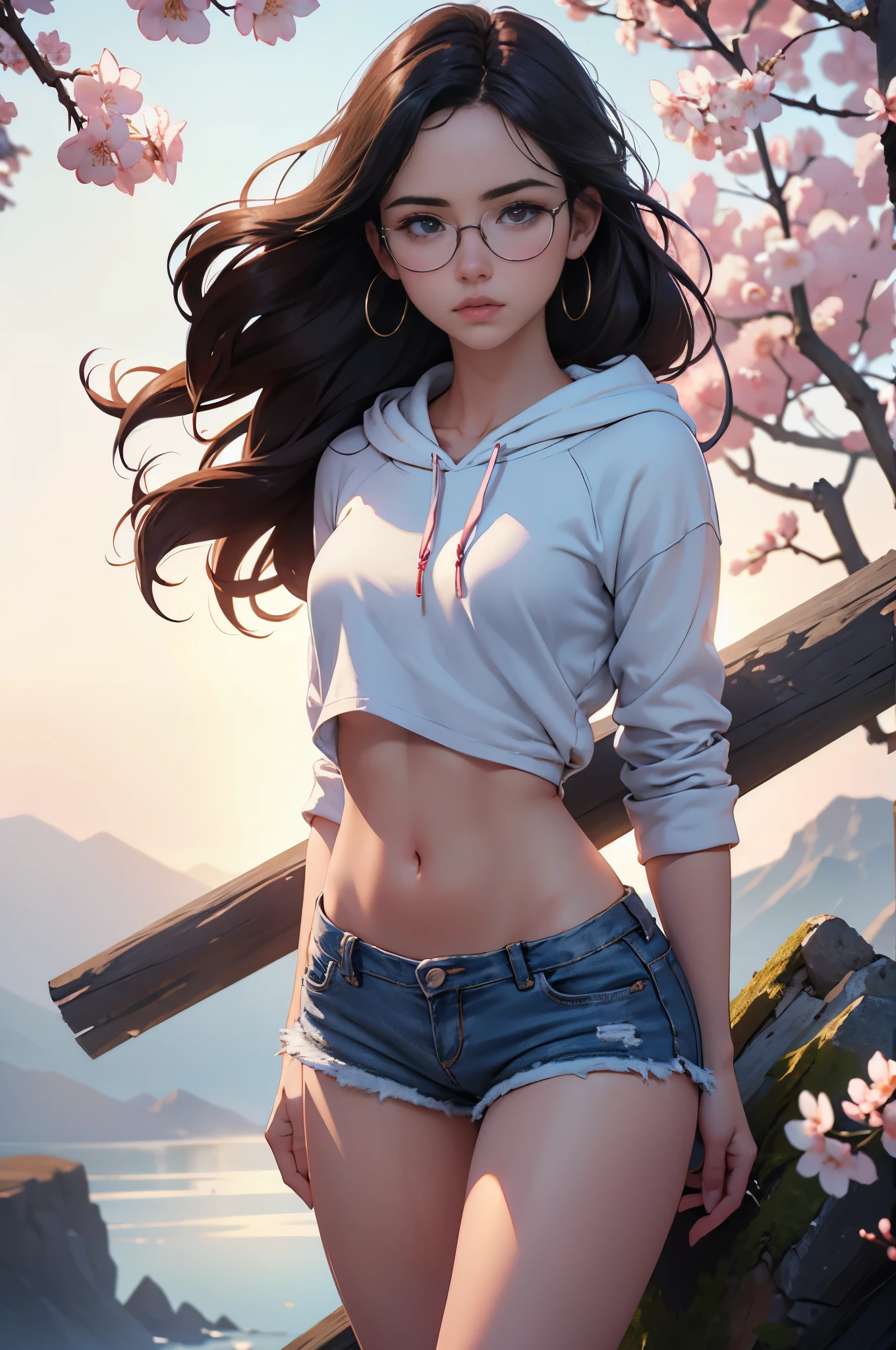 nsfw 1girl, wet, a little bit dirty, long brown hair, slim see though white shirt dynamic angle, bare legs, glasses, sexy pose, white panties, in a forest with rain,