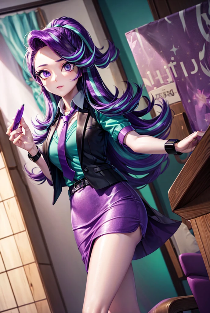 mlpglimmer, colored skin, streaked hair, purple eyes, purple blazer, turquoise blouse, purple necktie, purple pencil skirt, 

