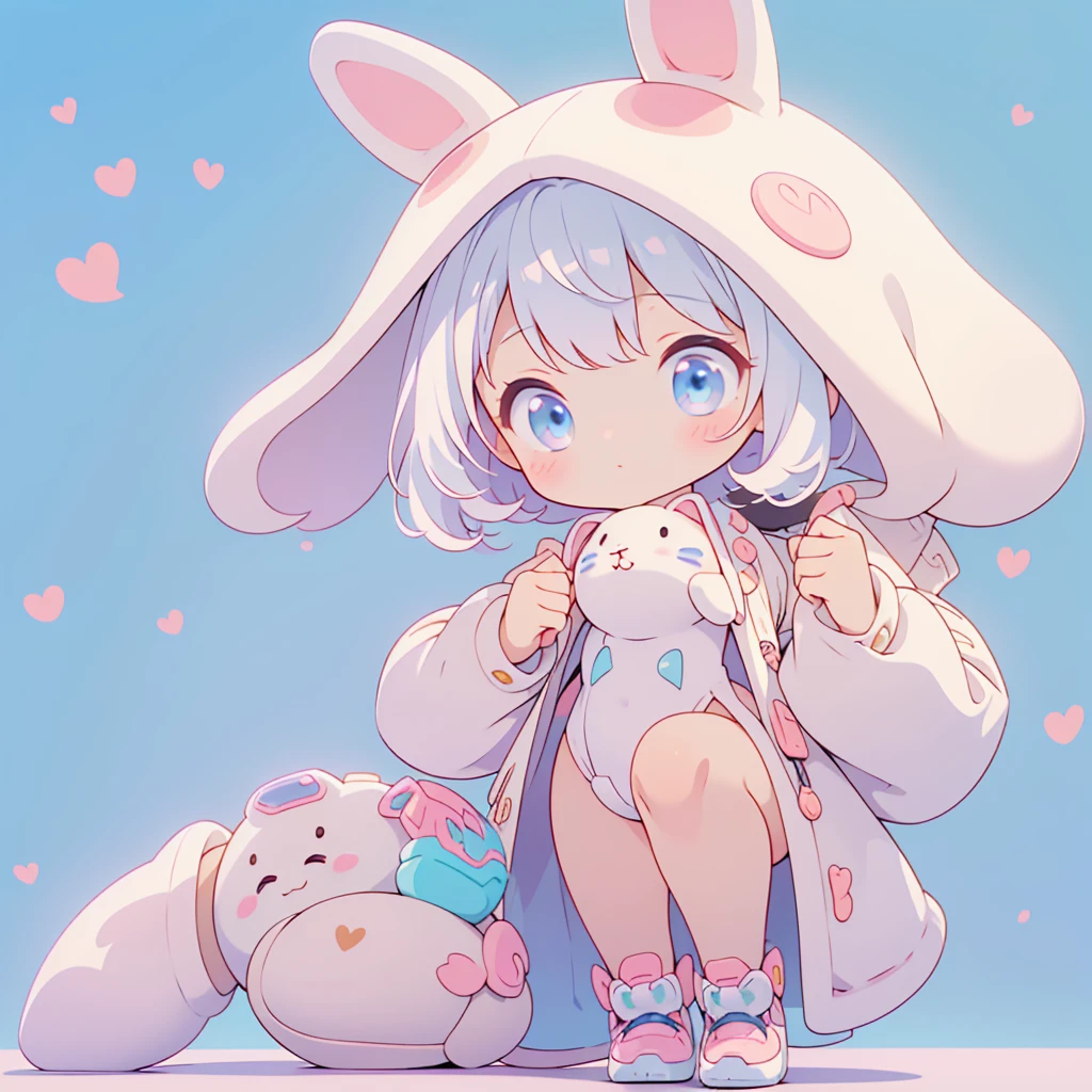 A cute little guy wearing a rabbit costume、fluffy、Loose、pastel colour、Highest quality、Masterpiece、Milky white hair color、kawaii tech,