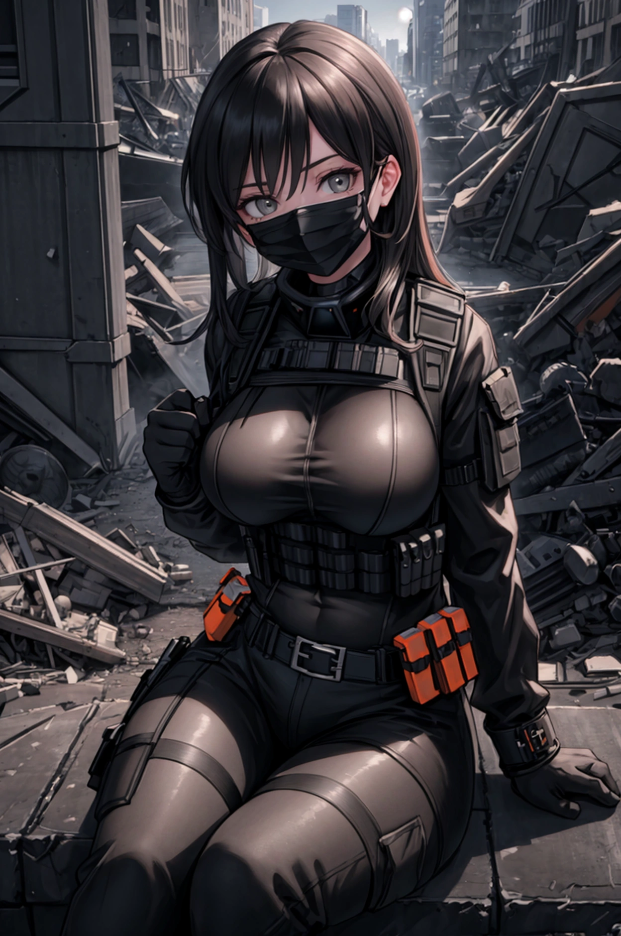 (Best Quality,8k,ultra detailed,realist,photorealist:1.2), beautiful girl,black mask,sitting,big breasts,orange bulletproof vest,a weapon in both hands,rubble city, at night.