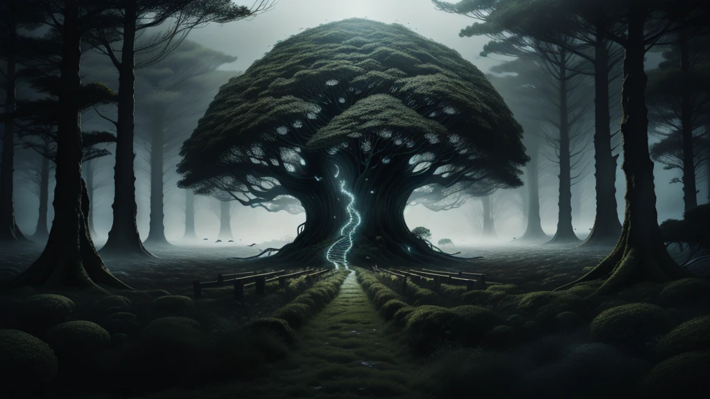 光るホタルとせせらぎのあるMagic森, Towering Tree々Surrounded by、Shrouded in fog, Magic, Mysterious, dream-like, Stylized