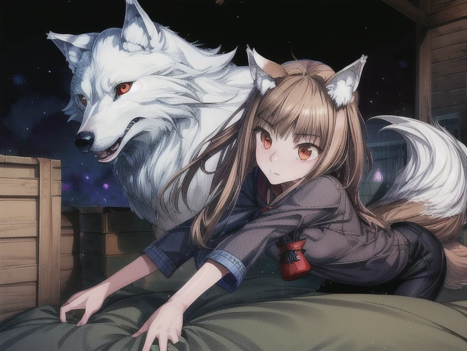 1girl, animal ears,wolf ears, tail, Wolf tail, red eyes, wolf girl, brown hair,long hair, Hemp clothing, Pouch, (extremely detailed CG unity 8k wallpaper), (highest quality), (ultra-detailed), (best illustrations), Homer、Riding on the cargo bed、Touching the tail、 