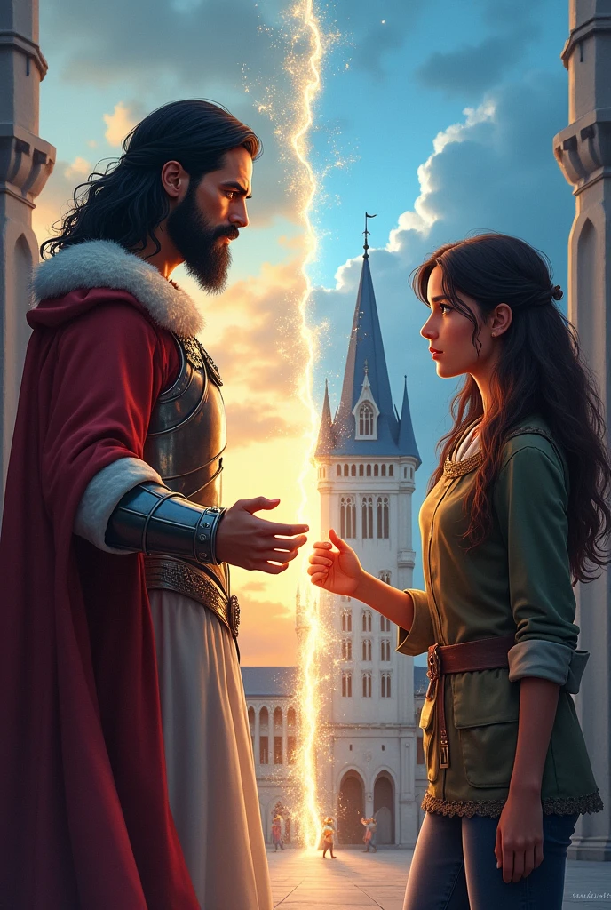 " Back to a shining kingdom, the warrior and the sorceress stand before a crowd celebrating, with the amulet in the center radiating light. over the horizon, dark clouds suggest new challenges await". super realistico.